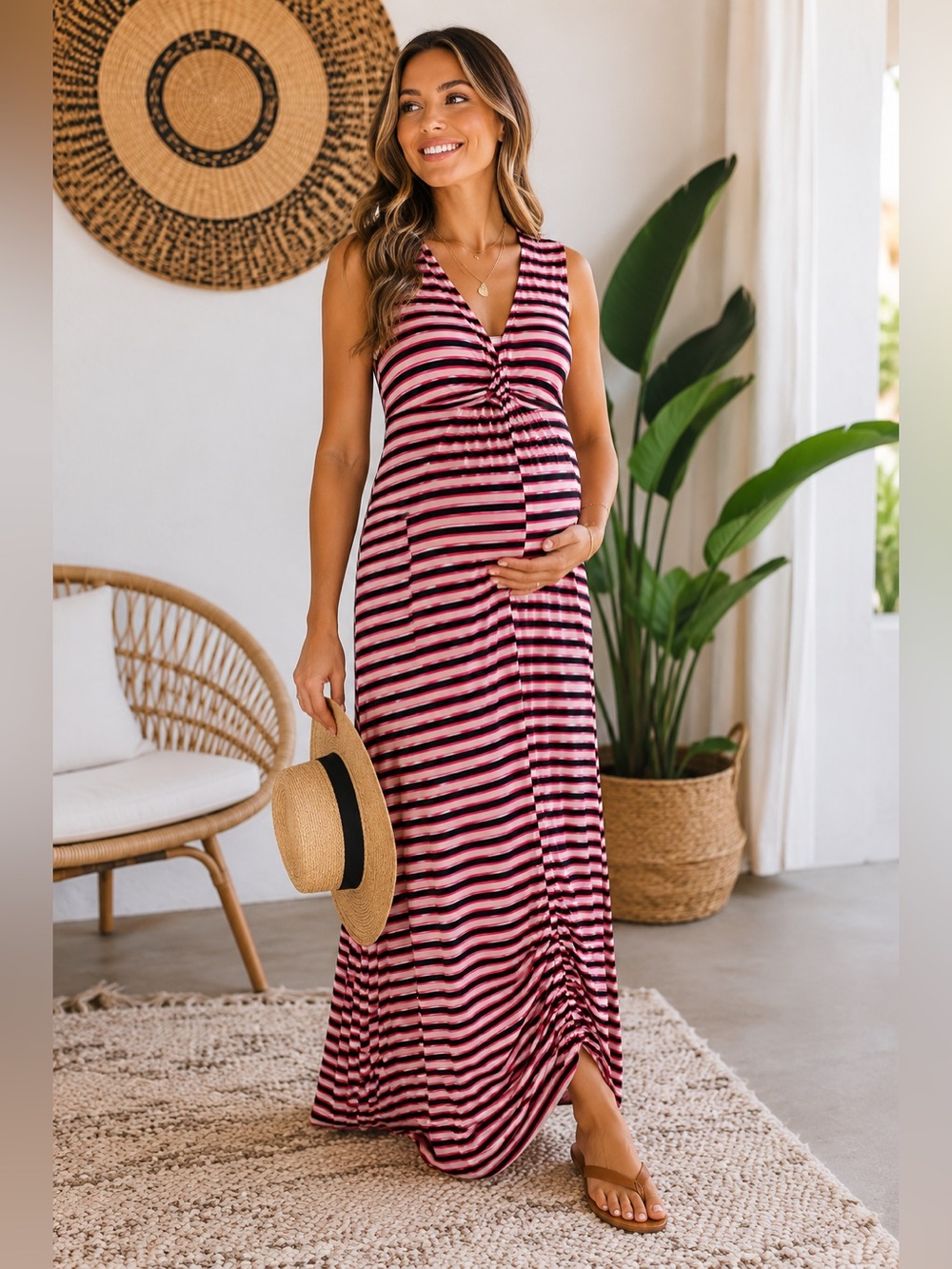 Rachel Zoe Pink and Black Striped Maxi Dress